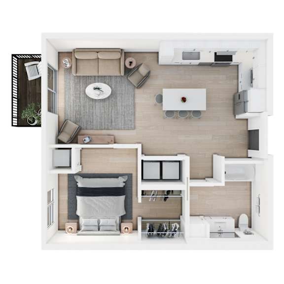 A top-down view of a modern kitchen and living room.