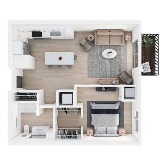 A top down view of a modern bedroom with a bed, nightstand, and a small kitchenette.