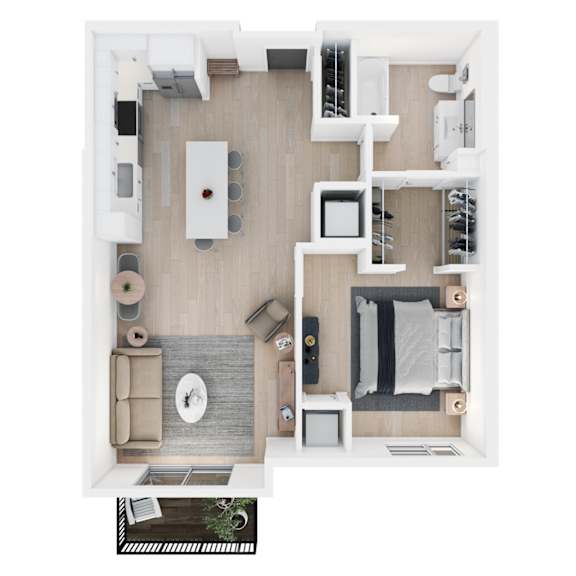 A top-down view of a modern living room with a sofa, coffee table, and television.
