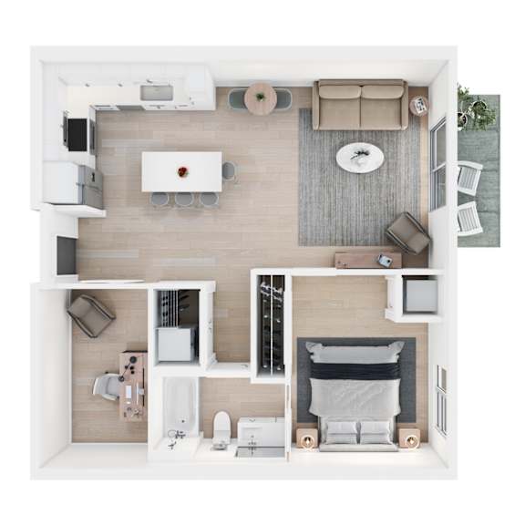 A top-down view of a modern, minimalist apartment with a kitchen, living room, and bedroom.
