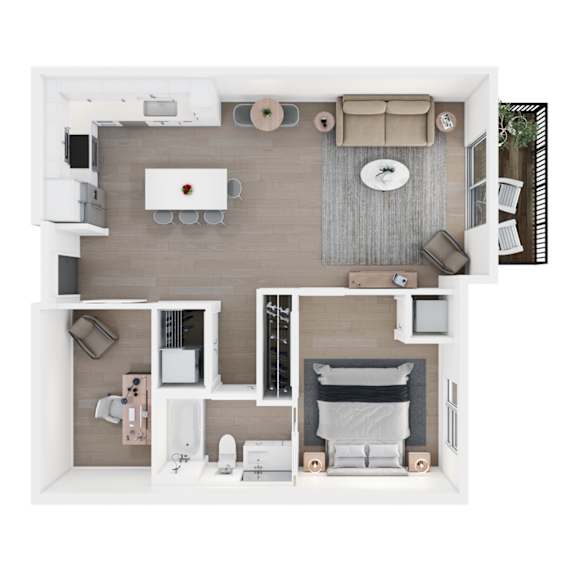 A top-down view of a modern, minimalist apartment with a kitchen, living room, and bedroom.