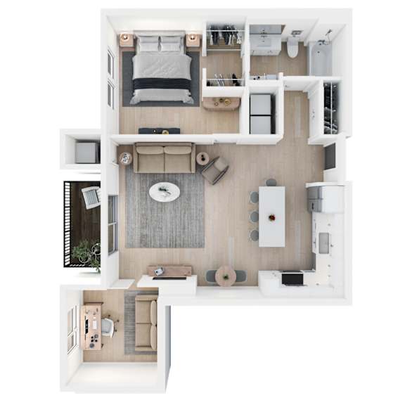 A top-down view of a modern, minimalist apartment layout.