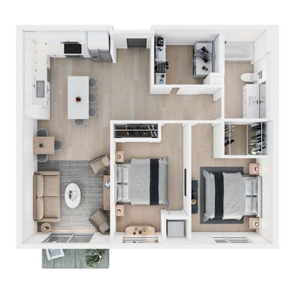 A top-down view of a modern apartment layout with a kitchen, living room, and bedrooms.