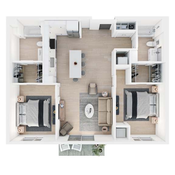 A top down view of a modern apartment layout.