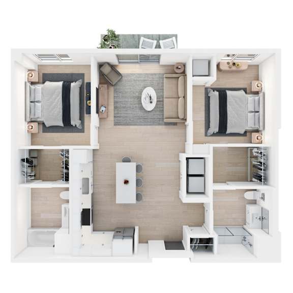 A top-down view of a modern, minimalist apartment layout.