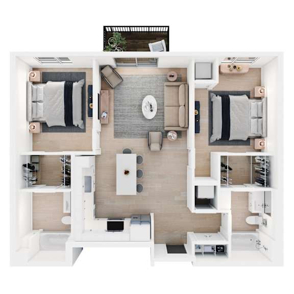 A top-down view of a modern apartment layout with a kitchen, living room, and bedrooms.