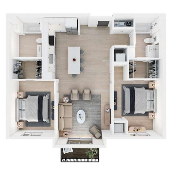 A top down view of a modern apartment with a kitchen, living room, and bedroom.