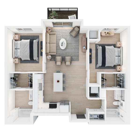 A top-down view of a modern apartment layout with a central living area, two bedrooms, and a kitchen.