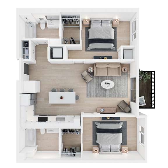 A top-down view of a small apartment with a kitchen, living room, and bedroom.