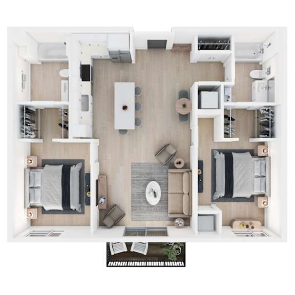 A top view of a modern living room with a dining area and kitchen.