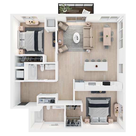 A top-down view of a small, neatly organized apartment with a kitchen, living room, and bedroom.
