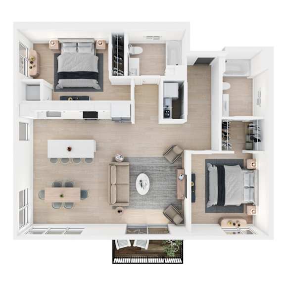 A top-down view of a modern, minimalist apartment layout.