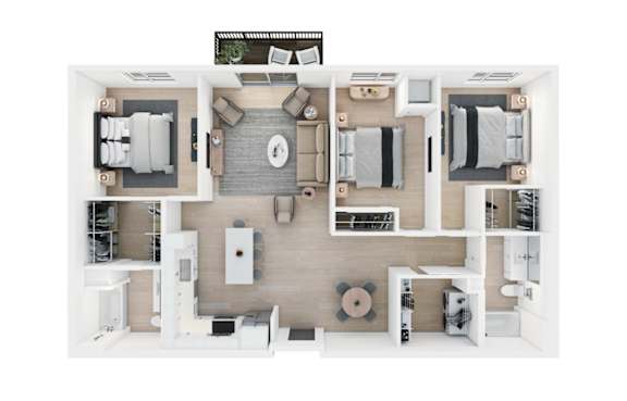 A top-down view of a modern apartment layout with a kitchen, living room, and two bedrooms.