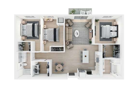 A top-down view of a modern apartment layout with a living room, kitchen, and bedrooms.