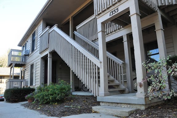 a view of the outside of a building with stairs