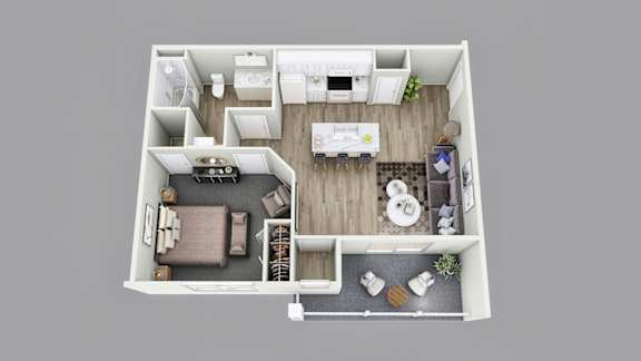 A top-down view of a small apartment with a kitchen, living room, and bedroom.