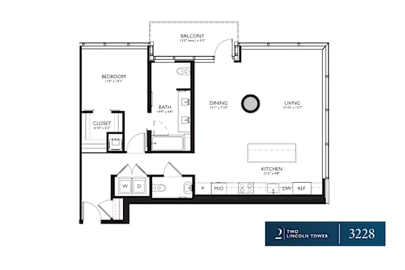 A floor plan of a two bedroom apartment in the Lincoln Tower.