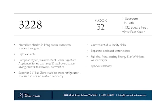 A listing for a property at 3228 Floor 32 shows a 1 1/2 bath, 1 32 square feet bedroom with a European style kitchen and a Sub Zero refrigerator.