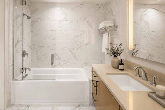 A white marble bathroom with a glass shower enclosure and a white bathtub.