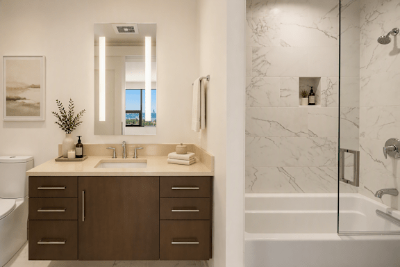 A bathroom with a marble wall and a wooden vanity.