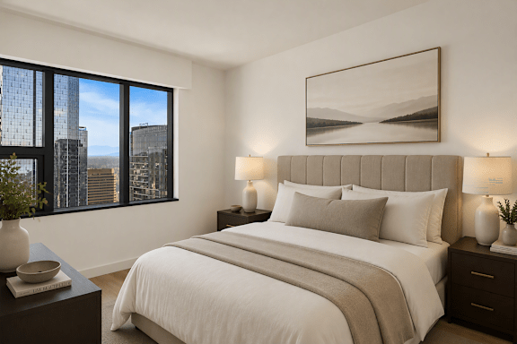 A bedroom with a large bed, a window with a city view, and a framed picture on the wall.