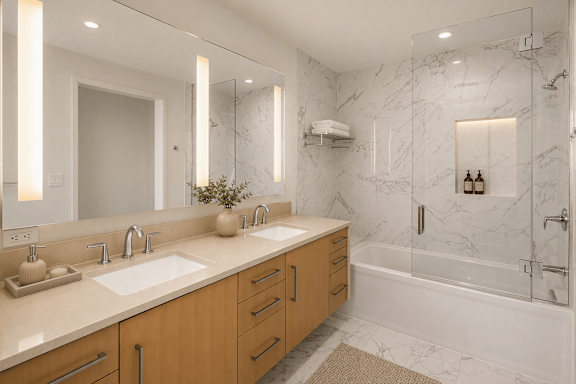 A bathroom with a marble wall and a glass shower stall.