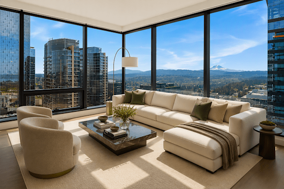 A modern living room with a view of the cityscape.