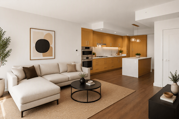 A modern living room with a white sofa and a coffee table.