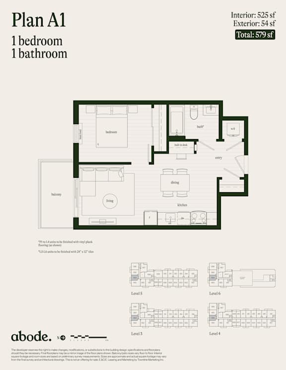 A floor plan for Plan A1 shows a layout with one bedroom and one bathroom.