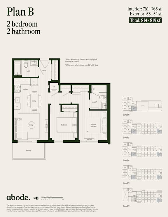 A floor plan for a 2 bedroom, 2 bathroom apartment is shown.