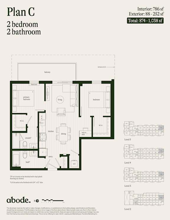 A floor plan for Plan C shows a 2 bedroom, 2 bathroom apartment.