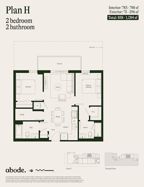 A floor plan for a 2 bedroom 2 bathroom home.