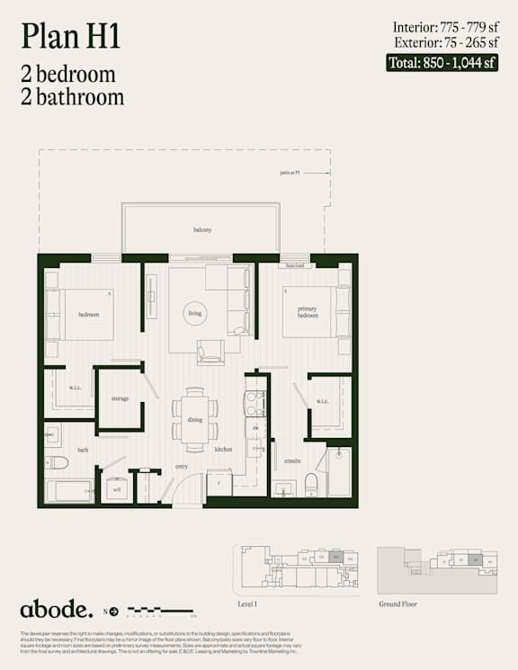 A floor plan for Plan H1 shows a 2 bedroom, 2 bathroom apartment with a total area of 850-1,044 square feet.