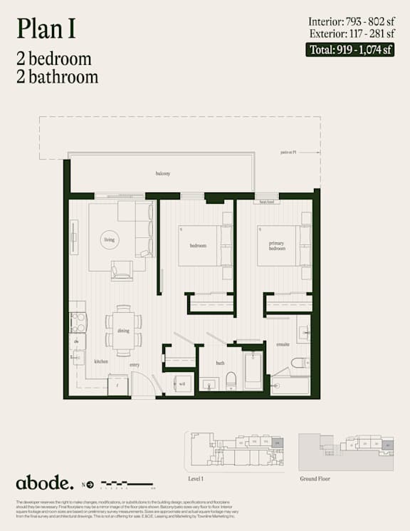 A floor plan for a 2 bedroom, 2 bathroom apartment.