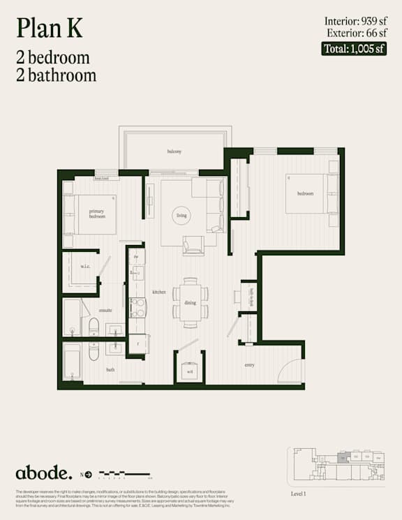 A floor plan for Plan K shows a 2 bedroom, 2 bathroom apartment with a total area of 1,005 square feet.