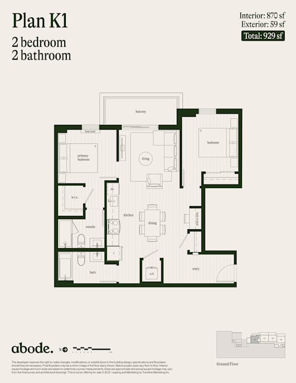 A floor plan for Plan K1 shows a 2 bedroom, 2 bathroom apartment.