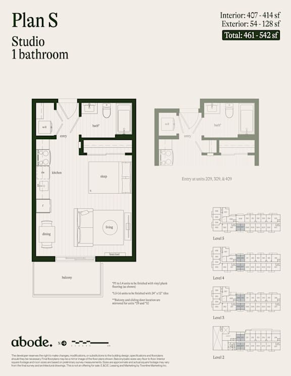 A floor plan for a studio with one bathroom is shown.