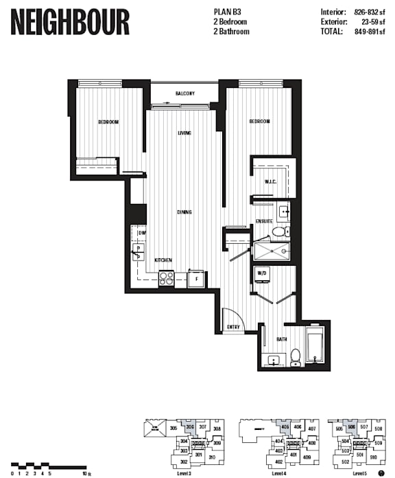 A black and white image of a floor plan for a property named Neighbour, Plan B3, with two bedrooms and two bathrooms.