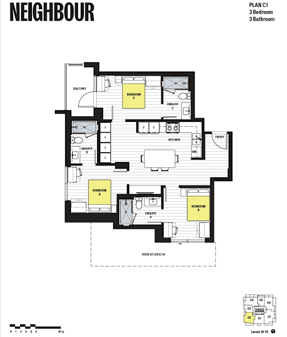 A floor plan of a property named Neighbour shows a layout with a balcony, two bedrooms, a kitchen, and a bathroom.