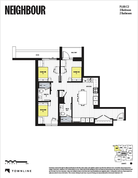 A black and white floor plan for a building named NEIGHBOUR shows a 3 bedroom apartment on PLAN C2.