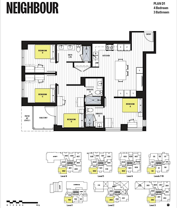 A floor plan for a property called Neighbour shows four bedrooms and three bathrooms.
