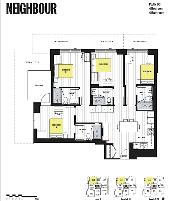 A floor plan for a building named Neighbour shows three bedrooms and a balcony.