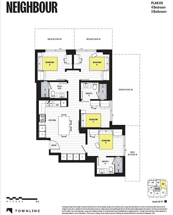 A black and white floor plan for a property by TOWNLINE shows a 4 bedroom, 3 bathroom layout.