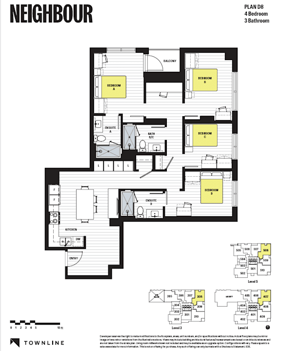 A floor plan for a property called Neighbour shows four bedrooms and three bathrooms.