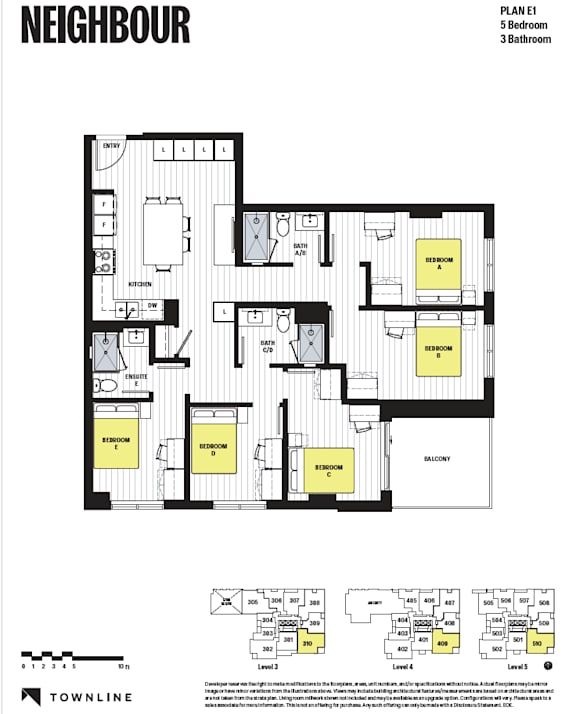 A floor plan for a property called Neighbour shows five bedrooms and three bathrooms.