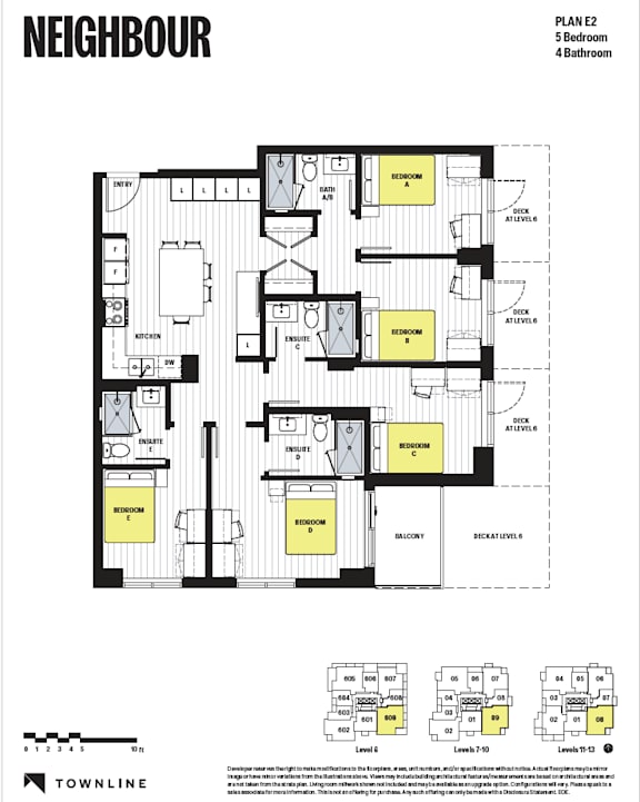 A floor plan for a building with 5 bedrooms and 4 bathrooms is displayed.