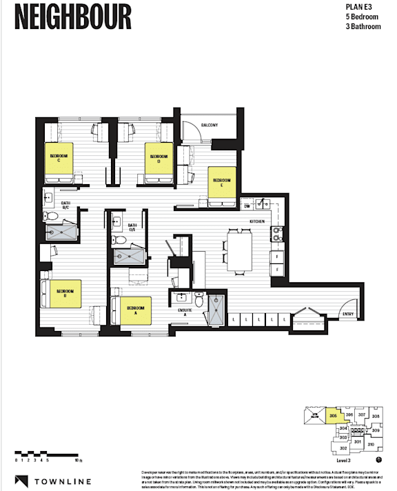 A floor plan for a property at TOWNLINE shows a 5 Bedroom, 3 Bathroom layout.