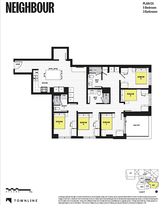 A floor plan of a building named NEIGHBOUR with 5 bedrooms and 3 bathrooms.