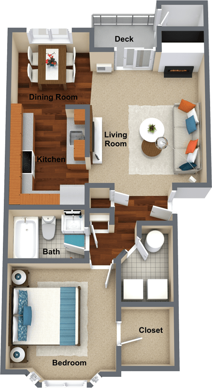 1 bedroom 1 bathroom floor plan B 764 Sq.Ft. at Graymayre Crossing Apartments, Spokane, WA