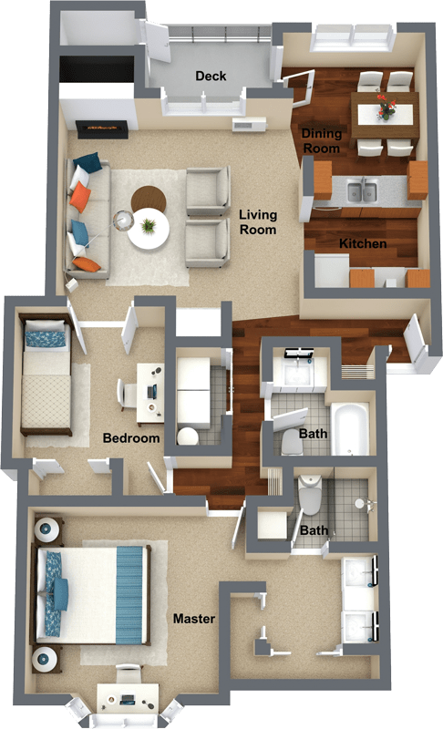2 bedroom 2 bathroom floor plan D 1,239 Sq.Ft. at Graymayre Crossing Apartments, Washington, 99208